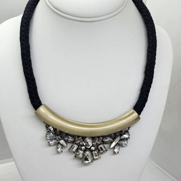 Ann Taylor Jewelry - ANN TAYLOR Loft‎ Black Braided Cord Clear Rhinestone Brushed Gold Tone Necklace1